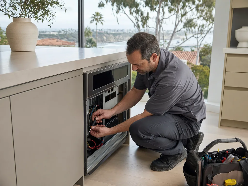 Technician servicing a kitchen appliance in a Brea, California home