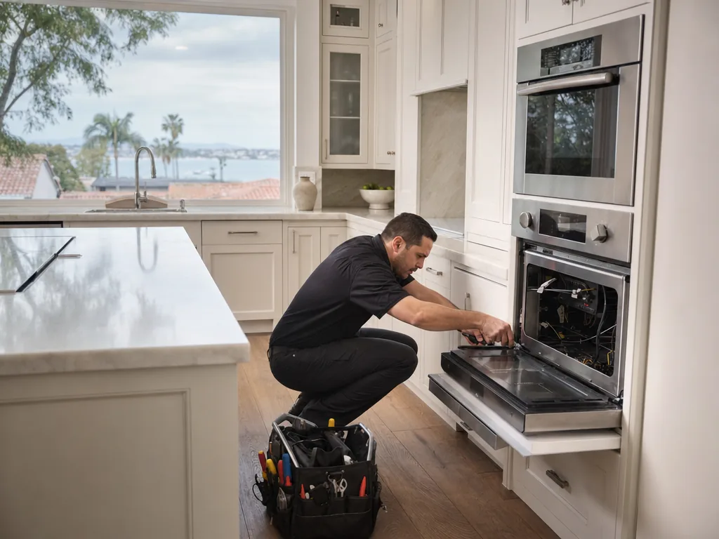 Technician servicing a kitchen appliance in a Fullerton, California home