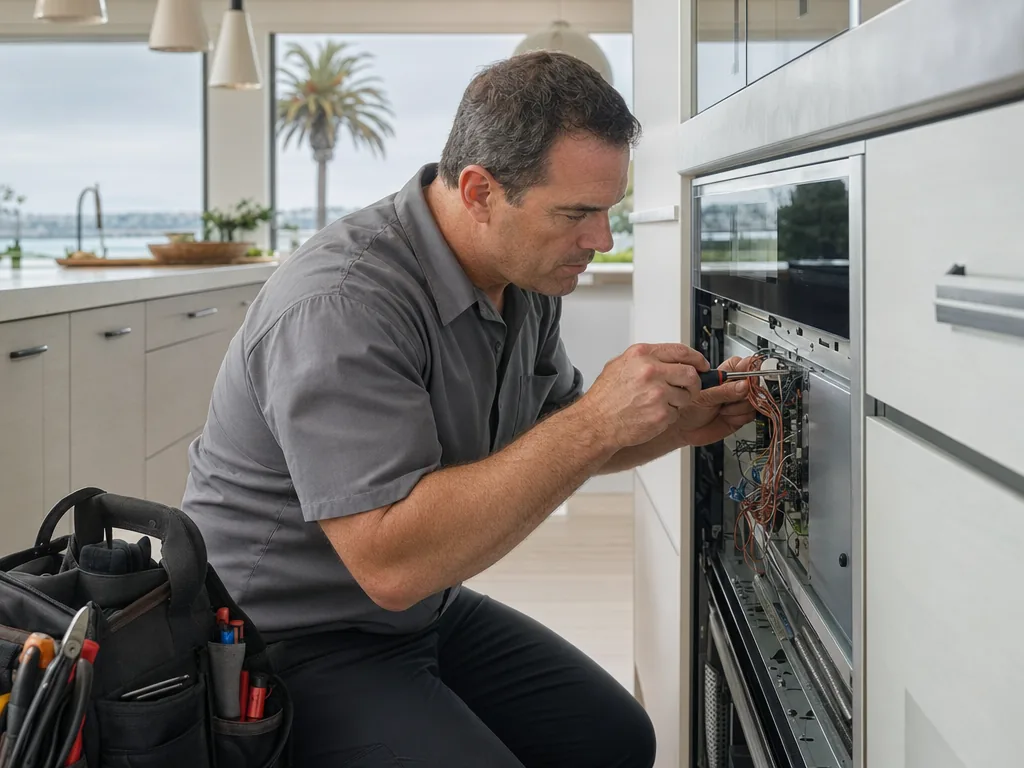 Technician servicing a kitchen appliance in an Irvine, California home