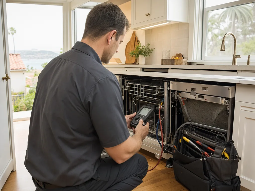 Technician servicing a kitchen appliance in an Orange, California home